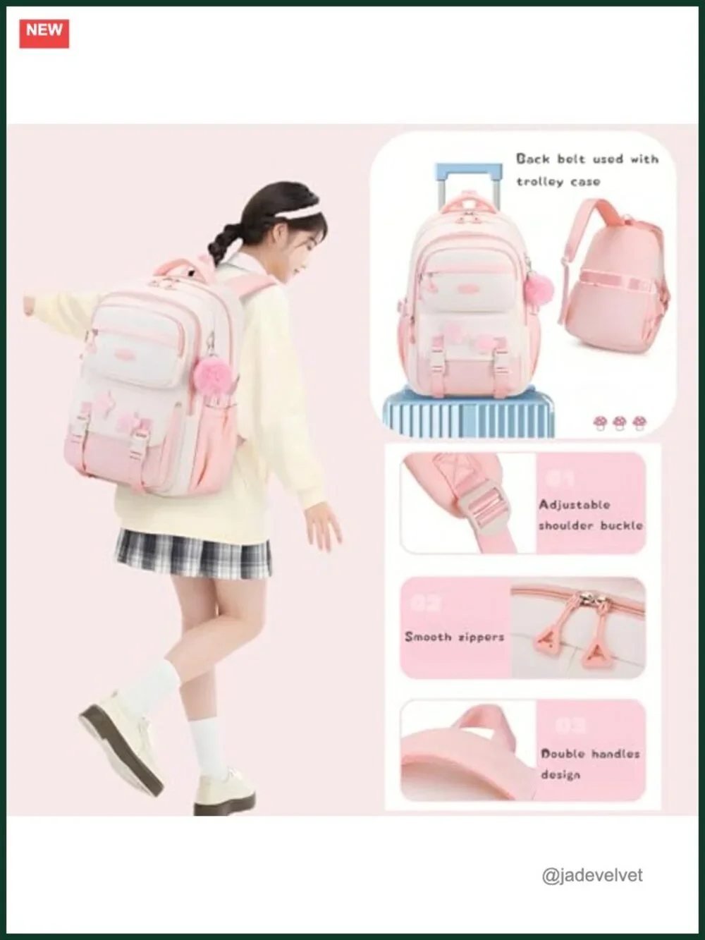 Nylon Girls Backpack for School with Star Pins and Furry Pendant